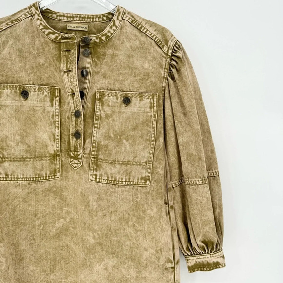 Ulla Johnson Wesley Cotton Denim Tunic Mini Dress 0 Oasis Khaki Balloon Sleeve - Picture 9 of 15